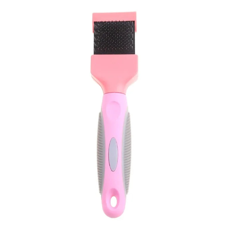 Blue double-sided pet brush with stainless steel pins and ergonomic grip on a white background