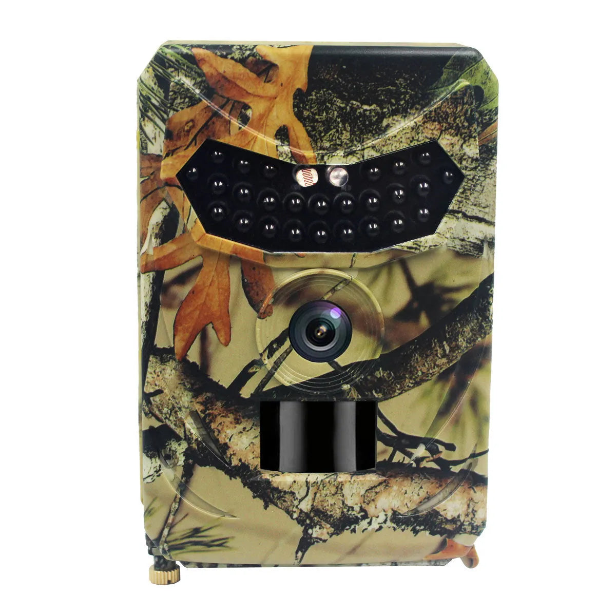 Yellow brown plastic 16MP hunting game camera with infrared LEDs and wide-angle lens.