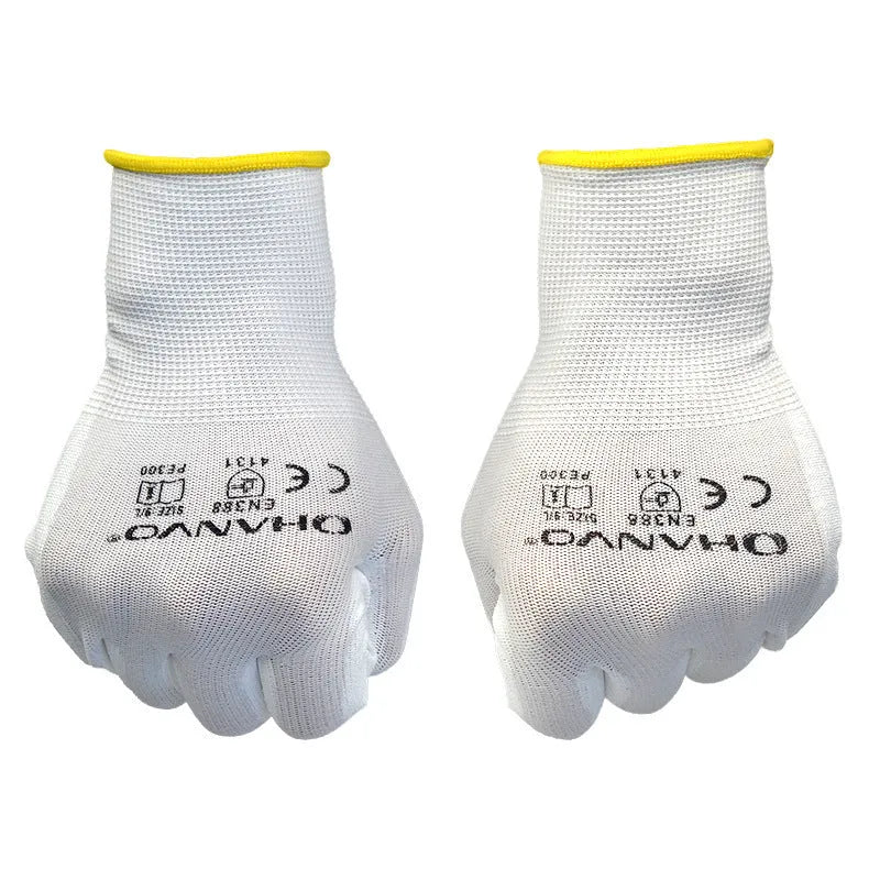 White PU coated labour gloves showing flexible palm and 24cm length, in sizes L and M.