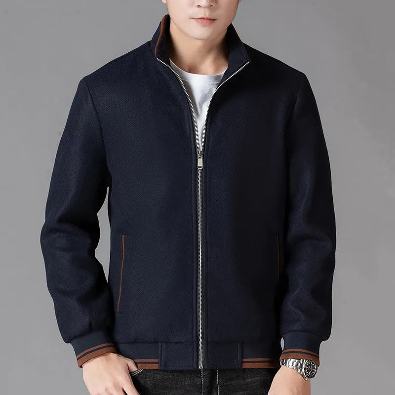 Men's grey polyester fleece autumn jacket with zip pockets, shown on a hanger.