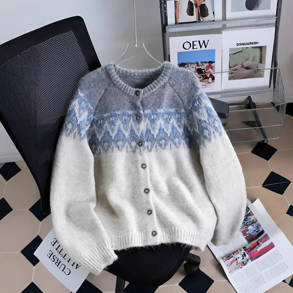 Women's jacquard knit sweater coat in a contrast colour, shown in a loose fit.