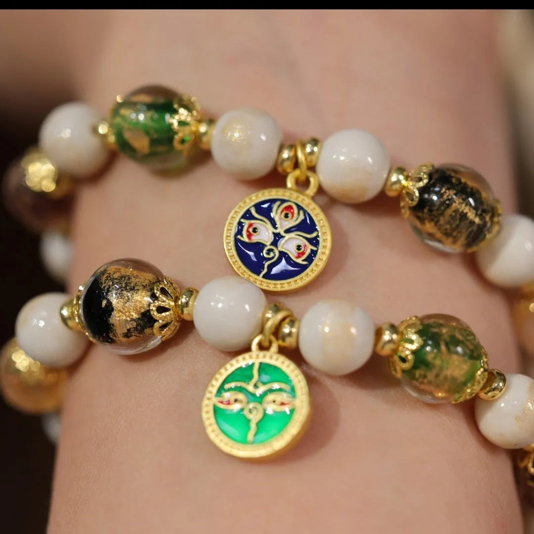 Handmade Fragrant Gray glass bracelet with 10mm geometric beads in God of Wealth design, five colours