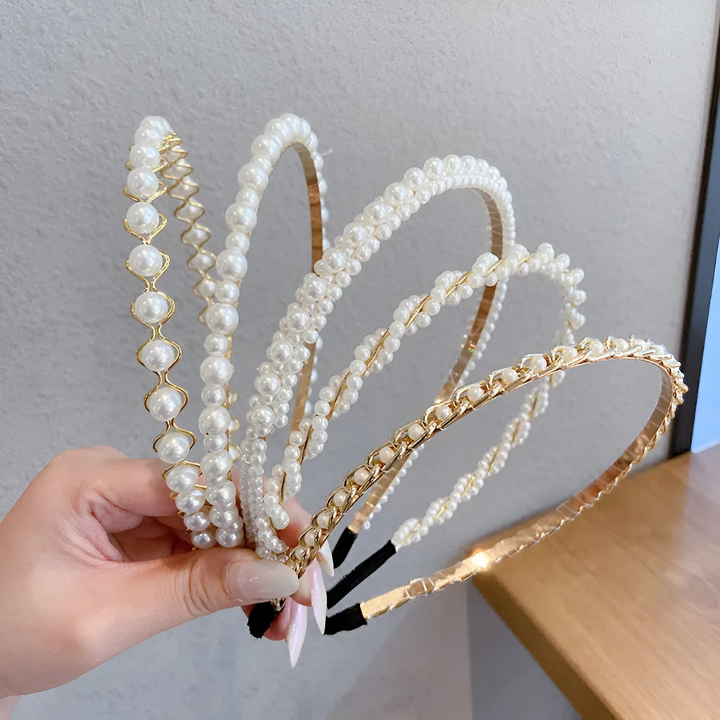 Thin pearl headband with imitation pearl and metal, 14cm length, three colour options on light background