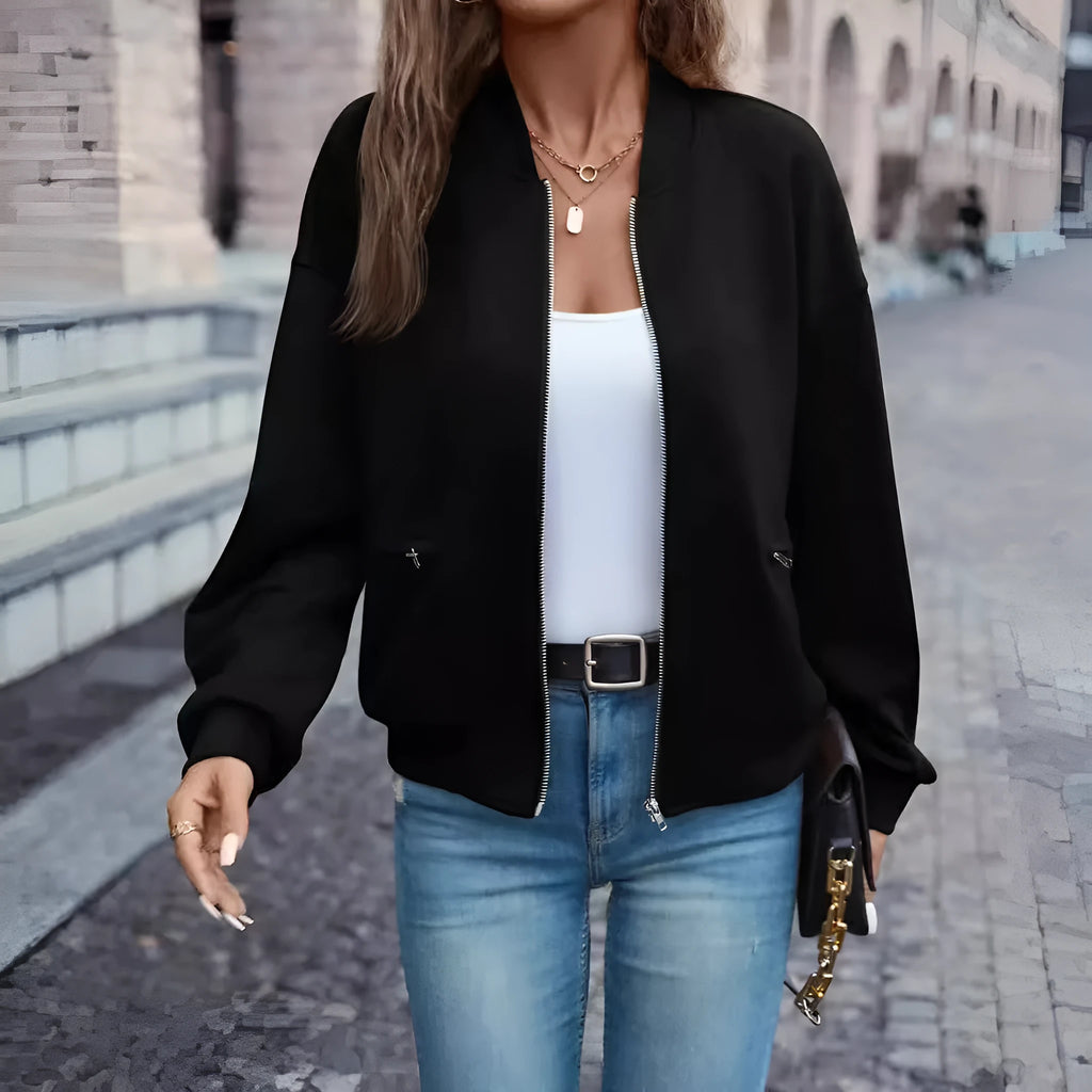 Black women's casual zip jacket with long sleeves and polyester fabric