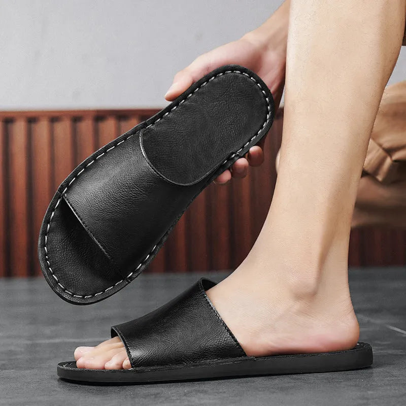 Men's brown and black leather outdoor sandals with rubber soles