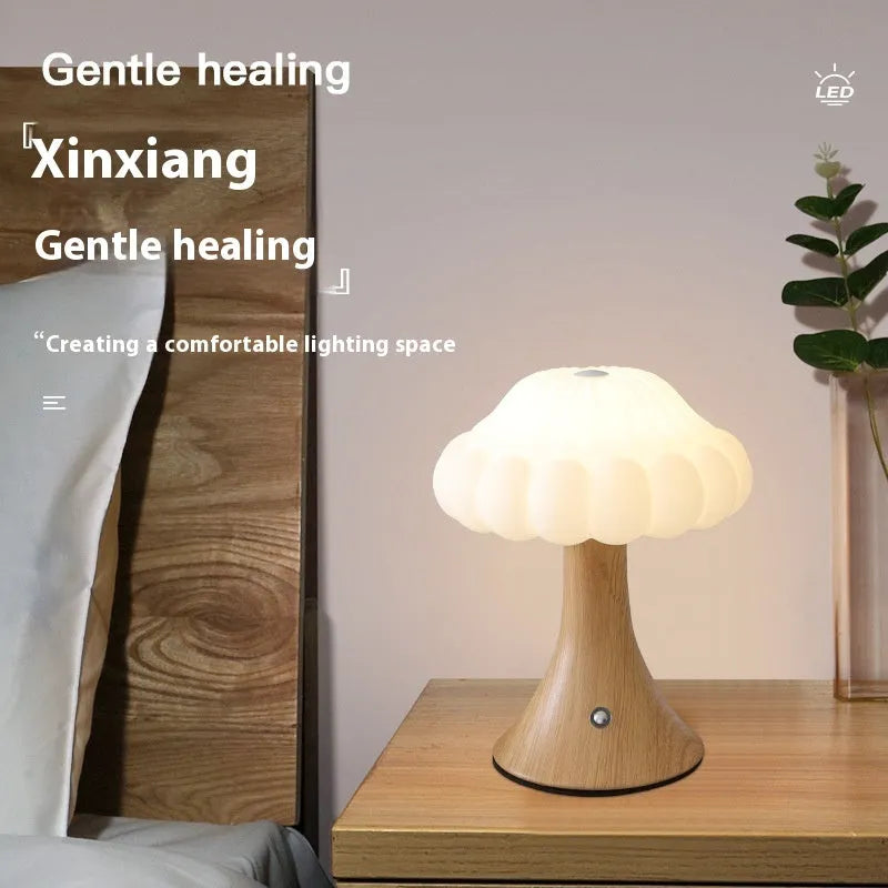 Mushroom-shaped touch night lamp with USB charging port in wood grain colour