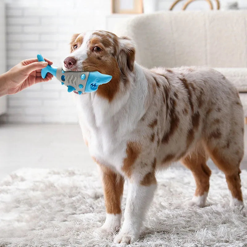 Dog teething leaky toy in blue with shark-tooth texture and bite-resistant material