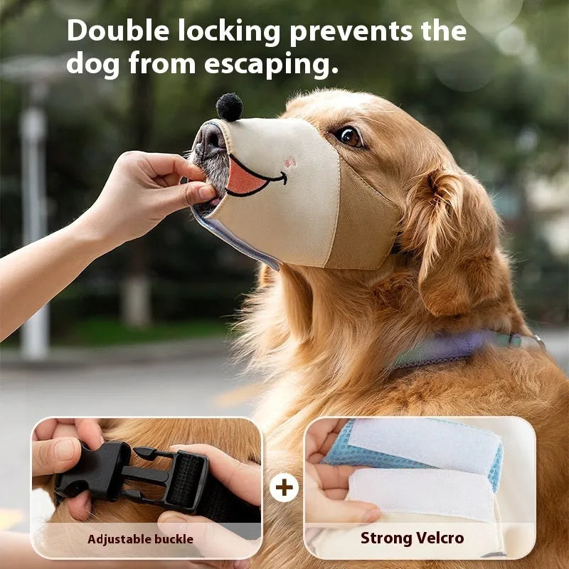 Canvas dog muzzle in Ollie brown bear pattern shown in S, M, L, and XL sizes for bite prevention.