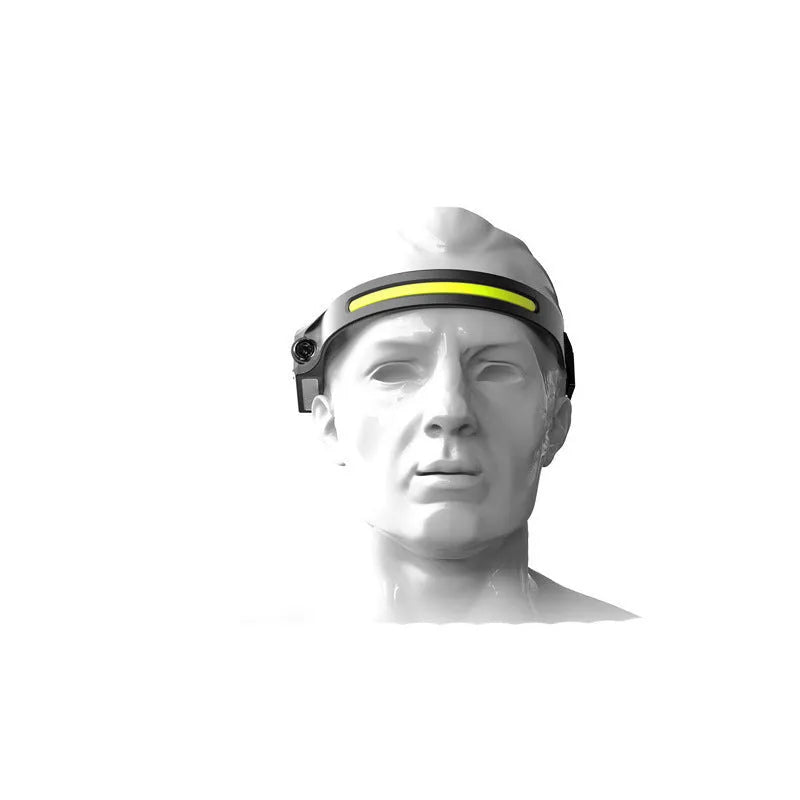 COB LED induction headlamp with wave sensor, silicone headband, USB rechargeable, 230 degree wide angle front beam and separate side LED for 100m long distance