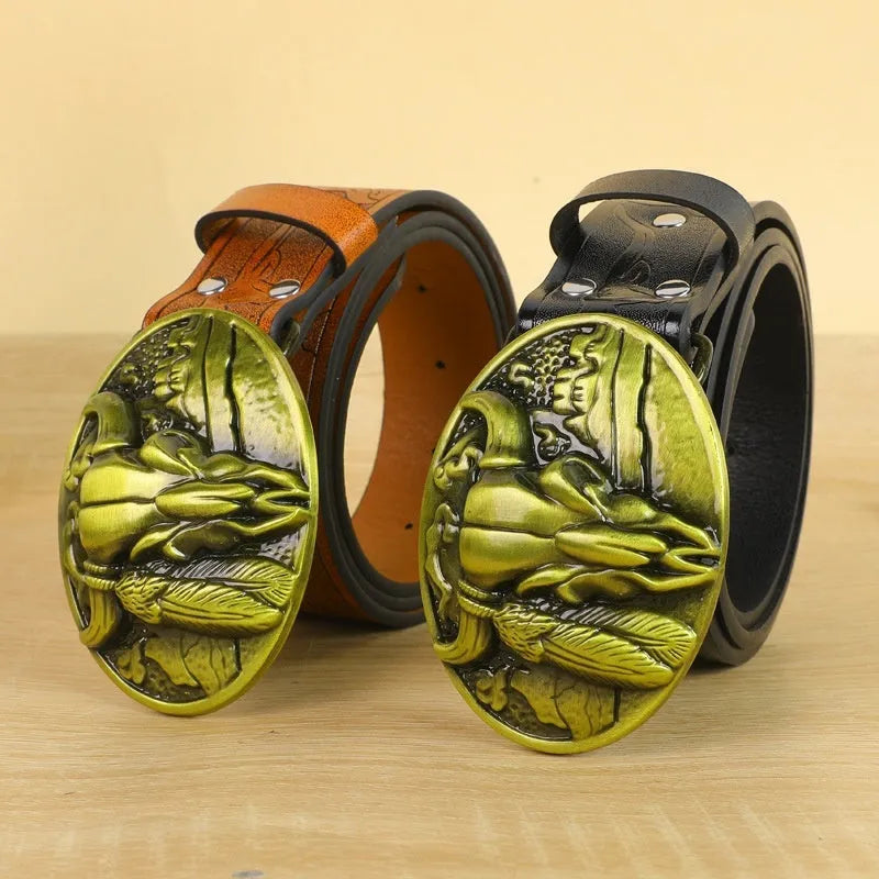 Men's brown imitation leather belt with alloy cow head buckle showing pin fastening