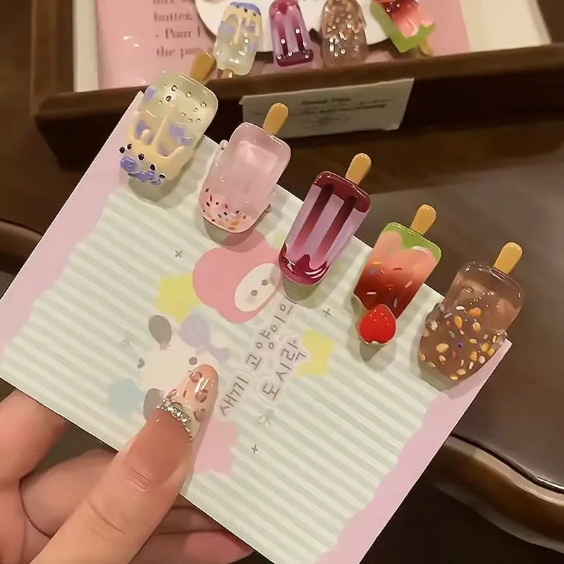 Cartoon ice cream resin barrette side clip for women in beige colour with ice candy design