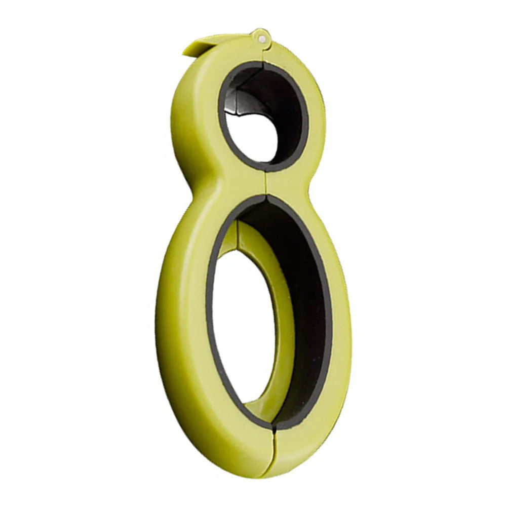 6-in-1 multifunctional can opener and bottle opener in grey on a kitchen worktop showing dual ring design