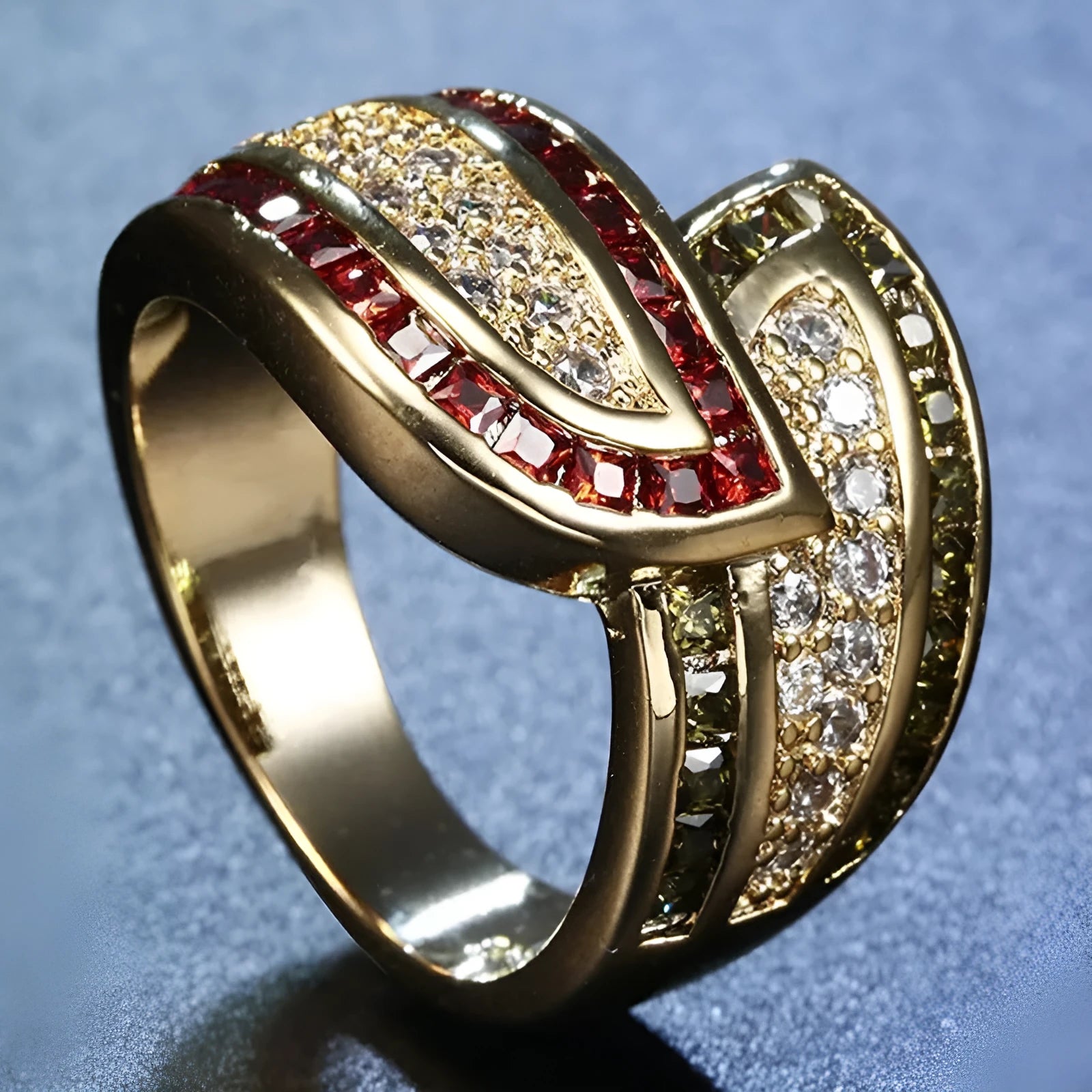 Women's gold-tone alloy ring with peridot-coloured stone, CR6313 finish, available in sizes No 6 to No 10
