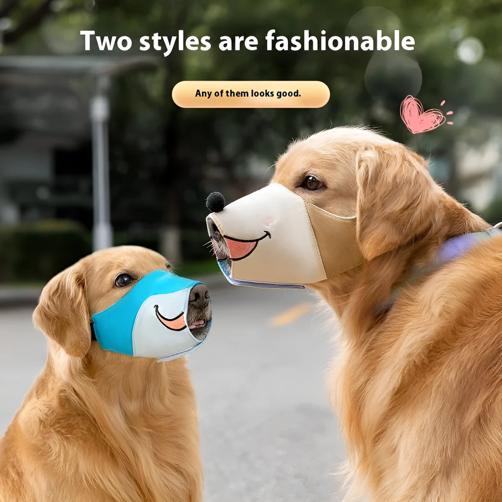 Canvas dog muzzle in Ollie brown bear pattern shown in S, M, L, and XL sizes for bite prevention.