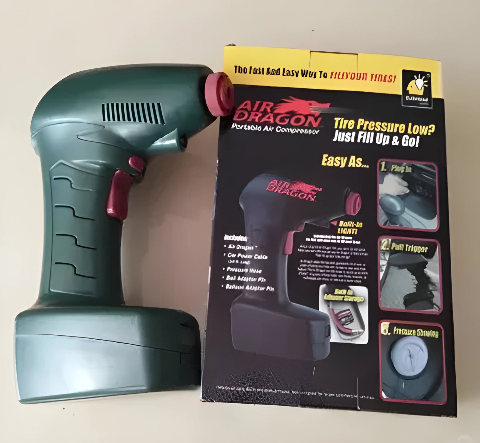 Portable electric car tyre air pump with motor and inflation components for emergency use