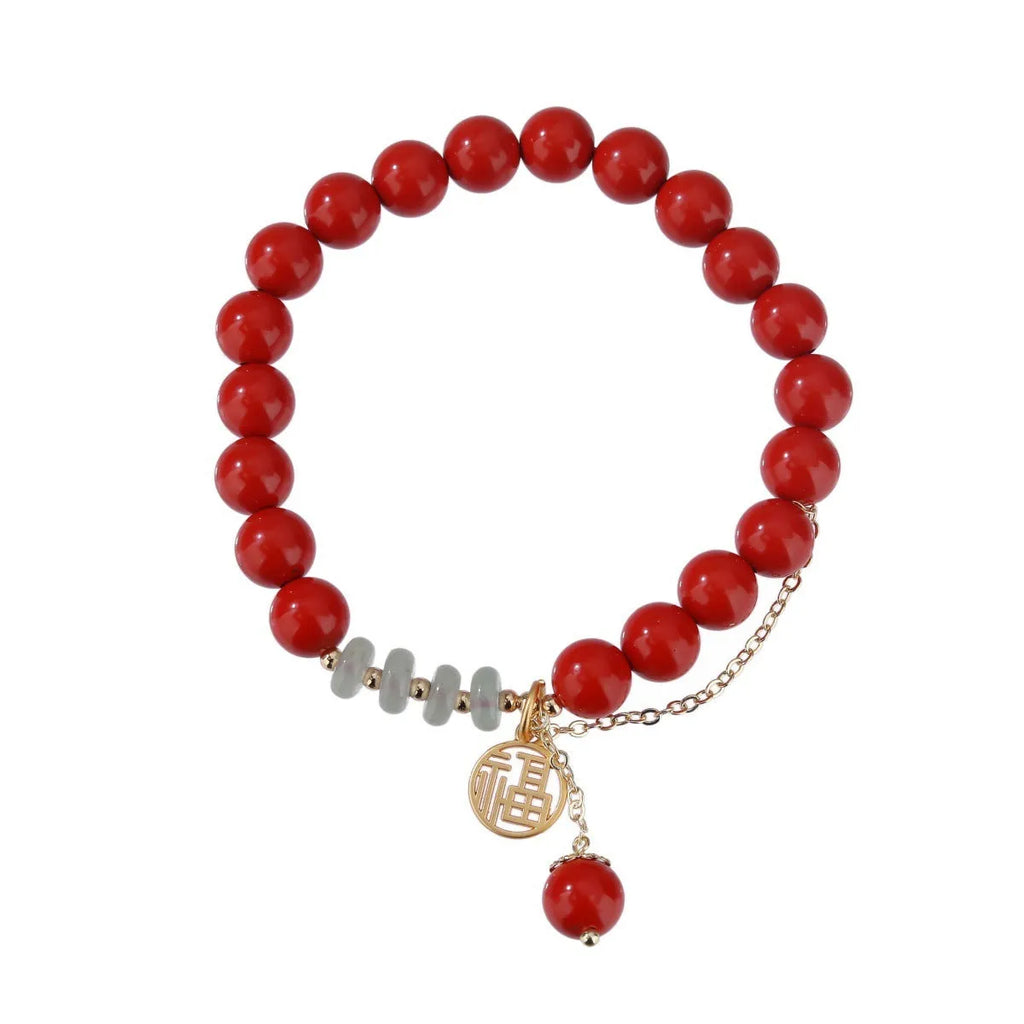 Retro women's red sand cinnabar bracelet with jade spacers and Fu character tassel, 8mm beads