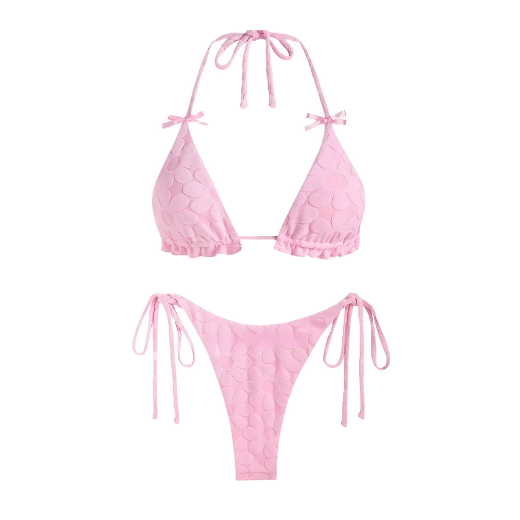 Women's solid colour backless high elasticity bikini set in light yellow, pink, light blue, light purple on a beach