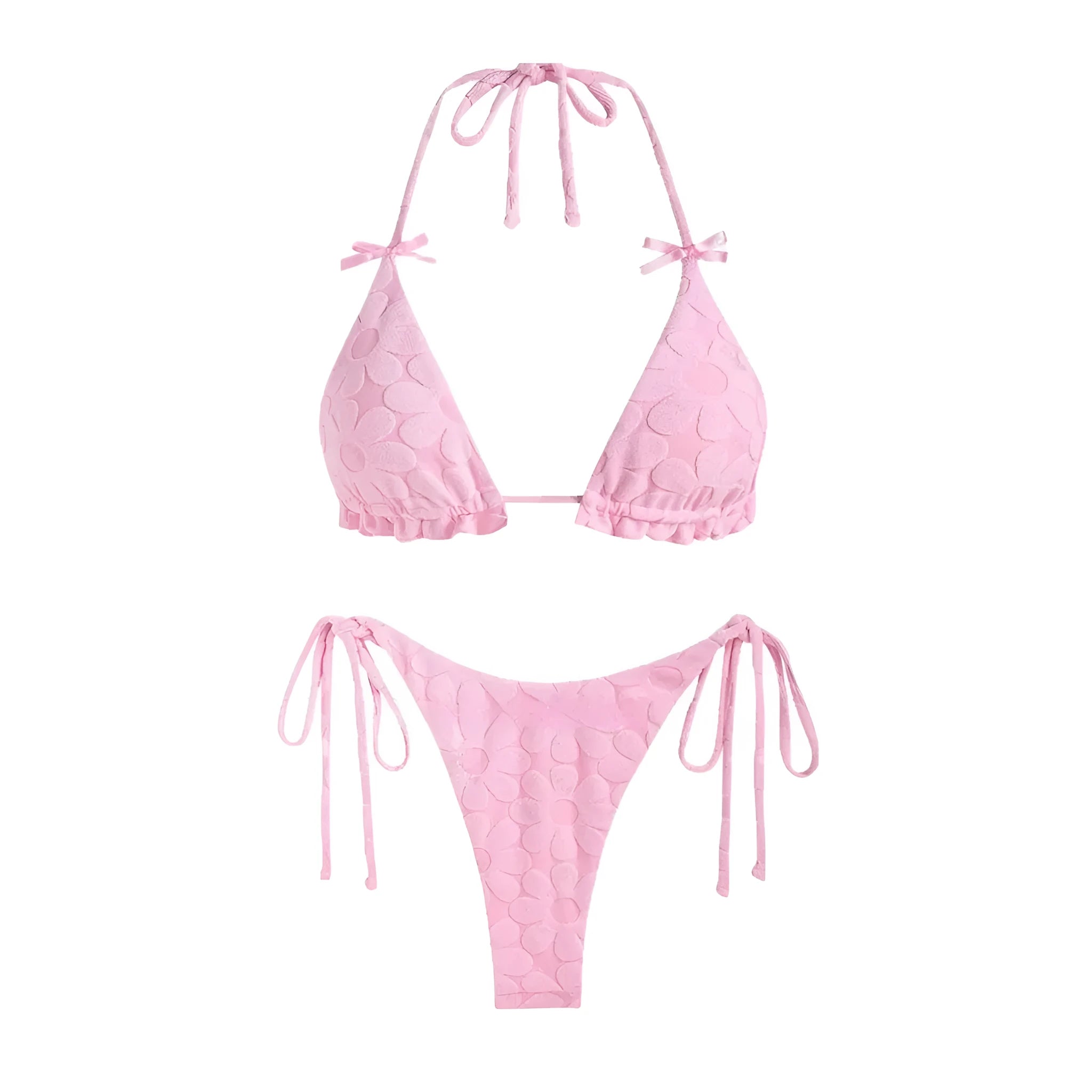 Women's solid colour backless high elasticity bikini set in light yellow, pink, light blue, light purple on a beach