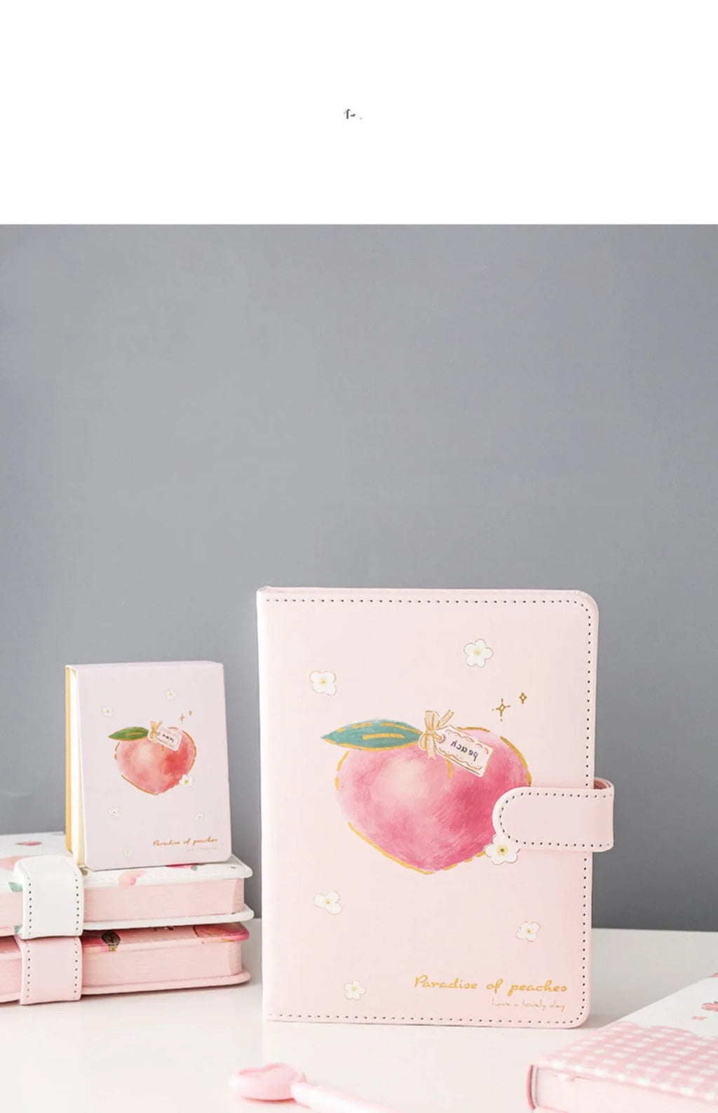A5 hardcover student notebook with imitation leather cover in Peach Talk Feast design, wired binding, open flat