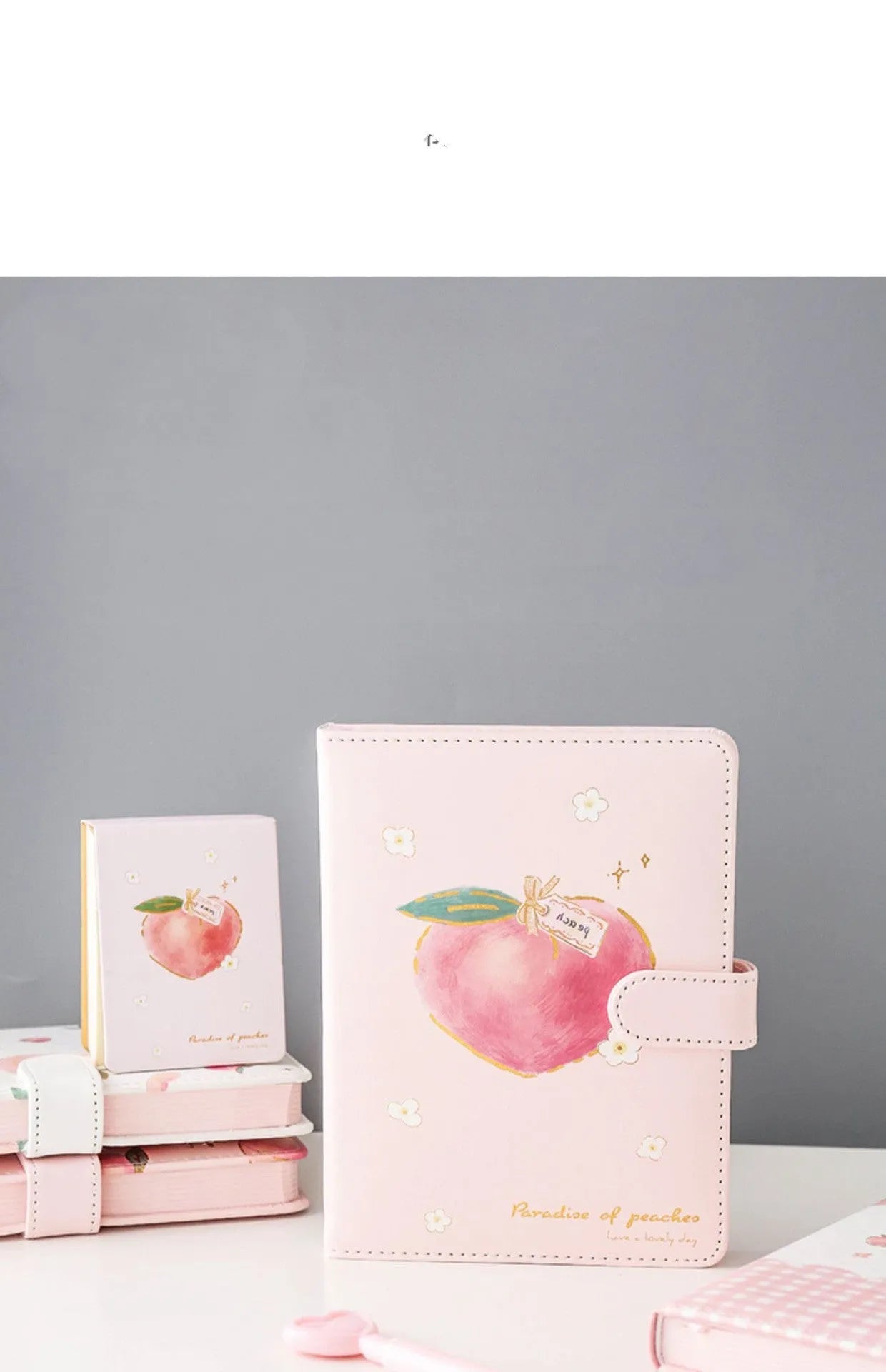 A5 hardcover student notebook with imitation leather cover in Peach Talk Feast design, wired binding, open flat