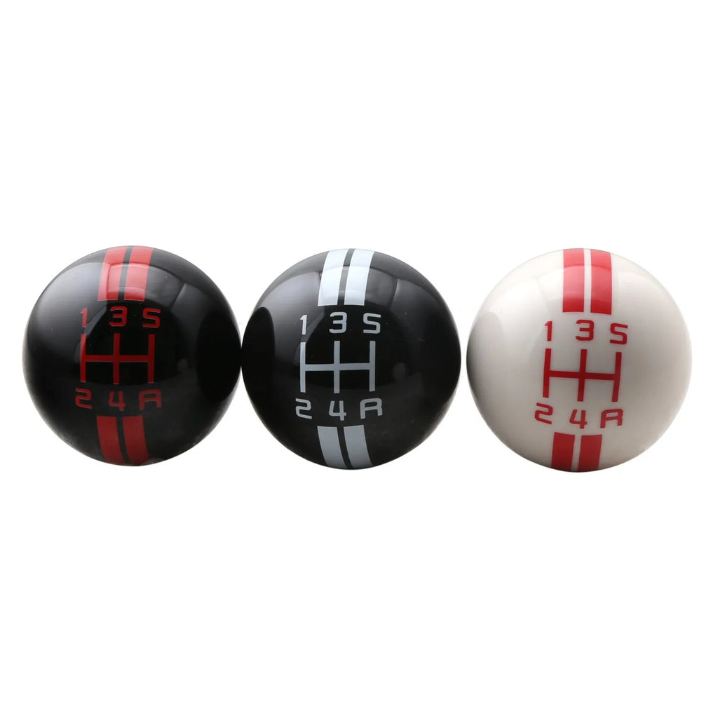 Close-up of a black acrylic 5-speed manual gear lever knob with red gear markings, universal screw-fit type