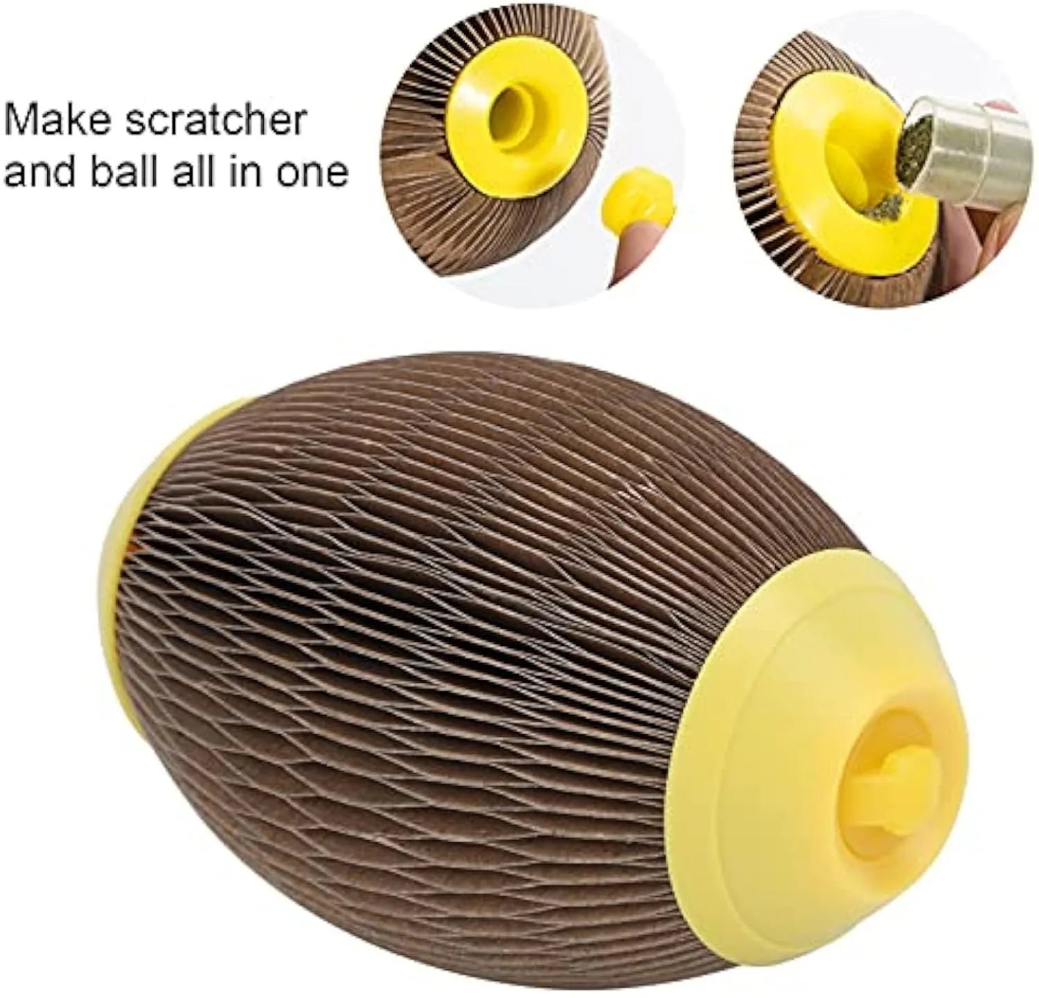 Ellipse-shaped corrugated paper catnip football toy for scratching and play.
