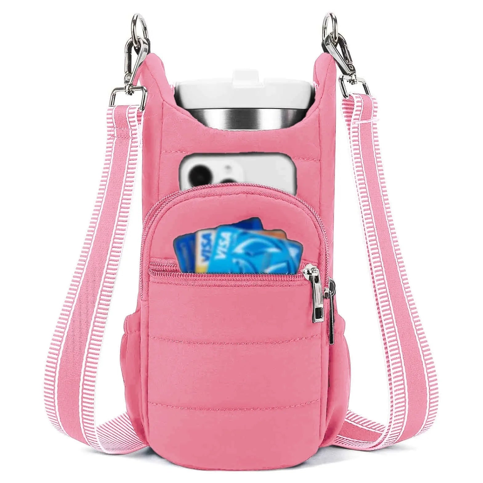 Bicycle water bottle bag in black, pink or beige colours with cloth construction and handlebar mount