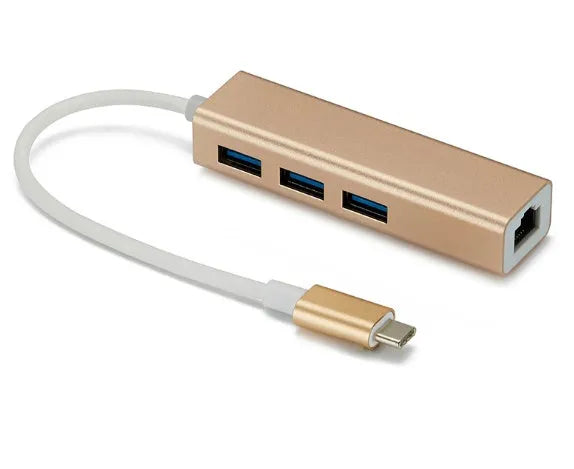 USB 3.0 to RJ45 Type-C Ethernet adapter hub in Champagne Gold, compact size 85x23.5x16.5mm