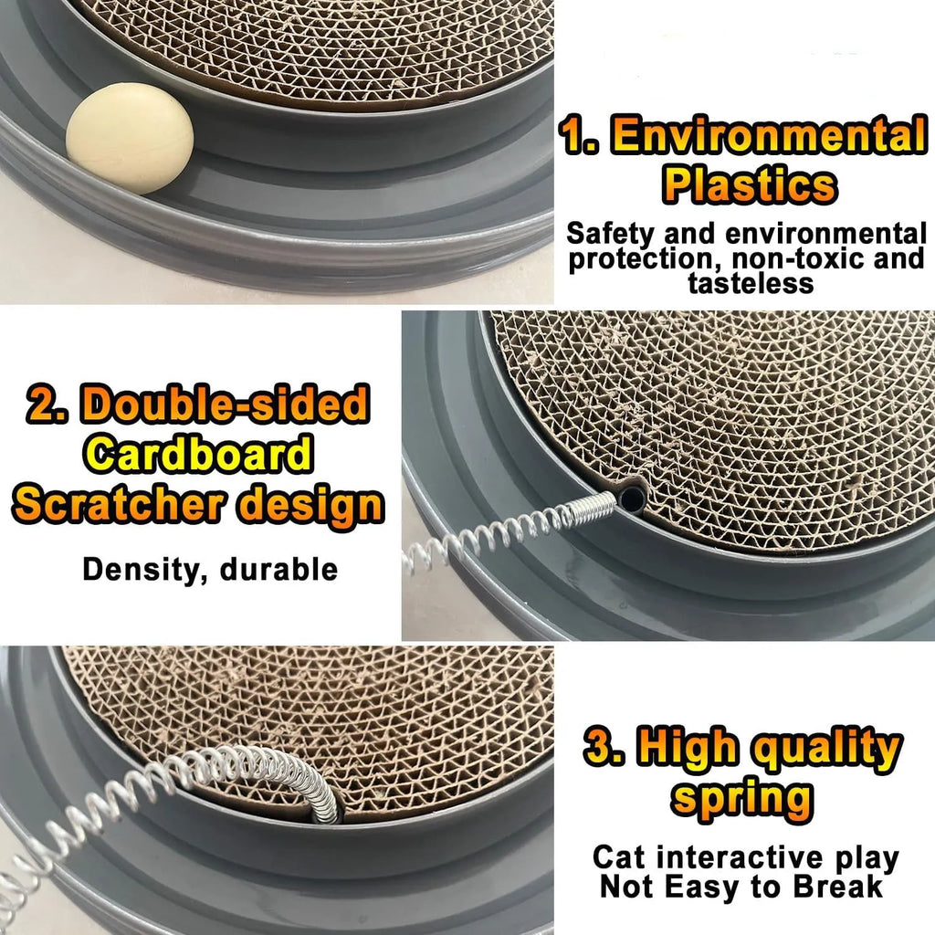 Round blue cat scratcher toy with ball track and replaceable cardboard scratching surface