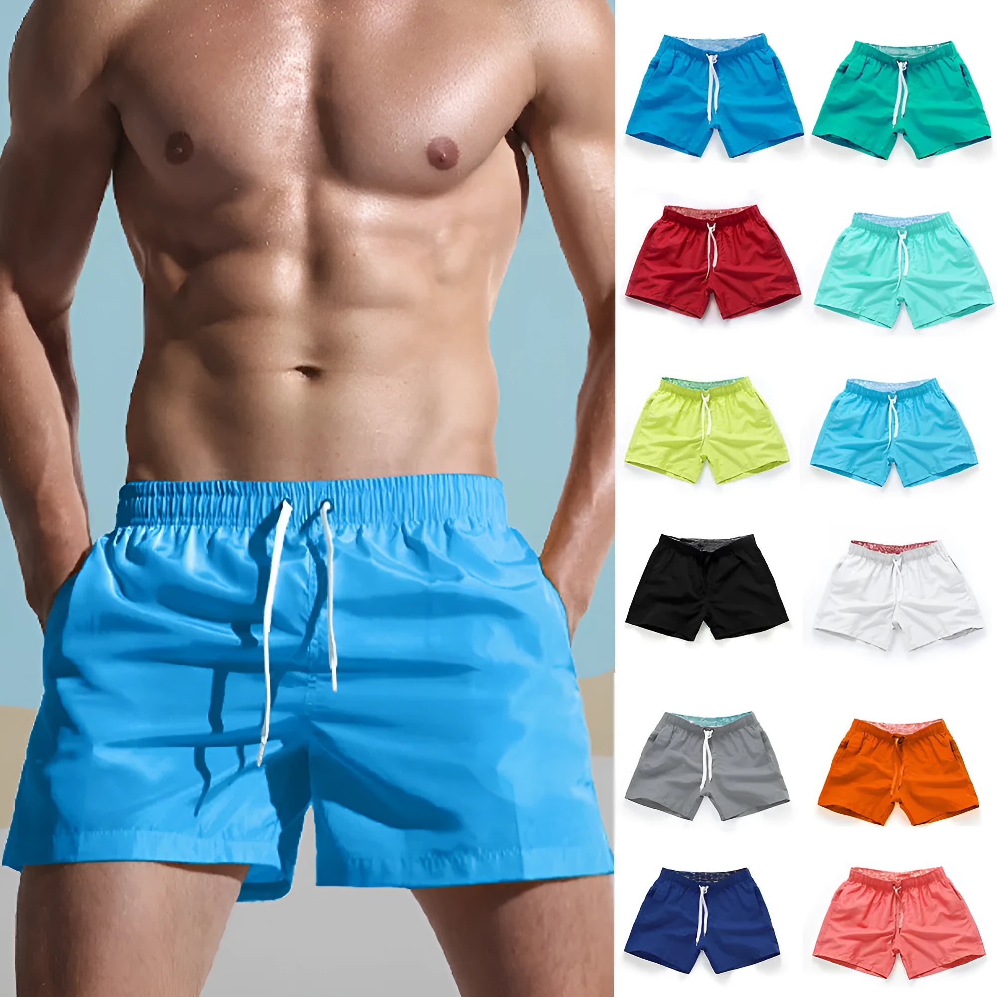 Men's straight-leg beach shorts in black polyester fabric on a size chart.