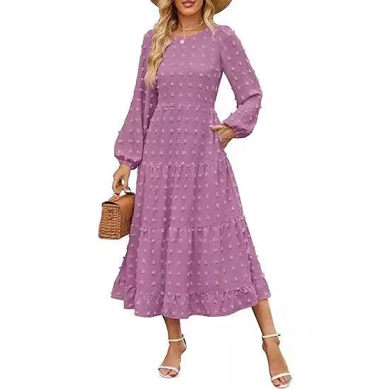Women's long sleeve high waist dress in beige with ruffled sleeves