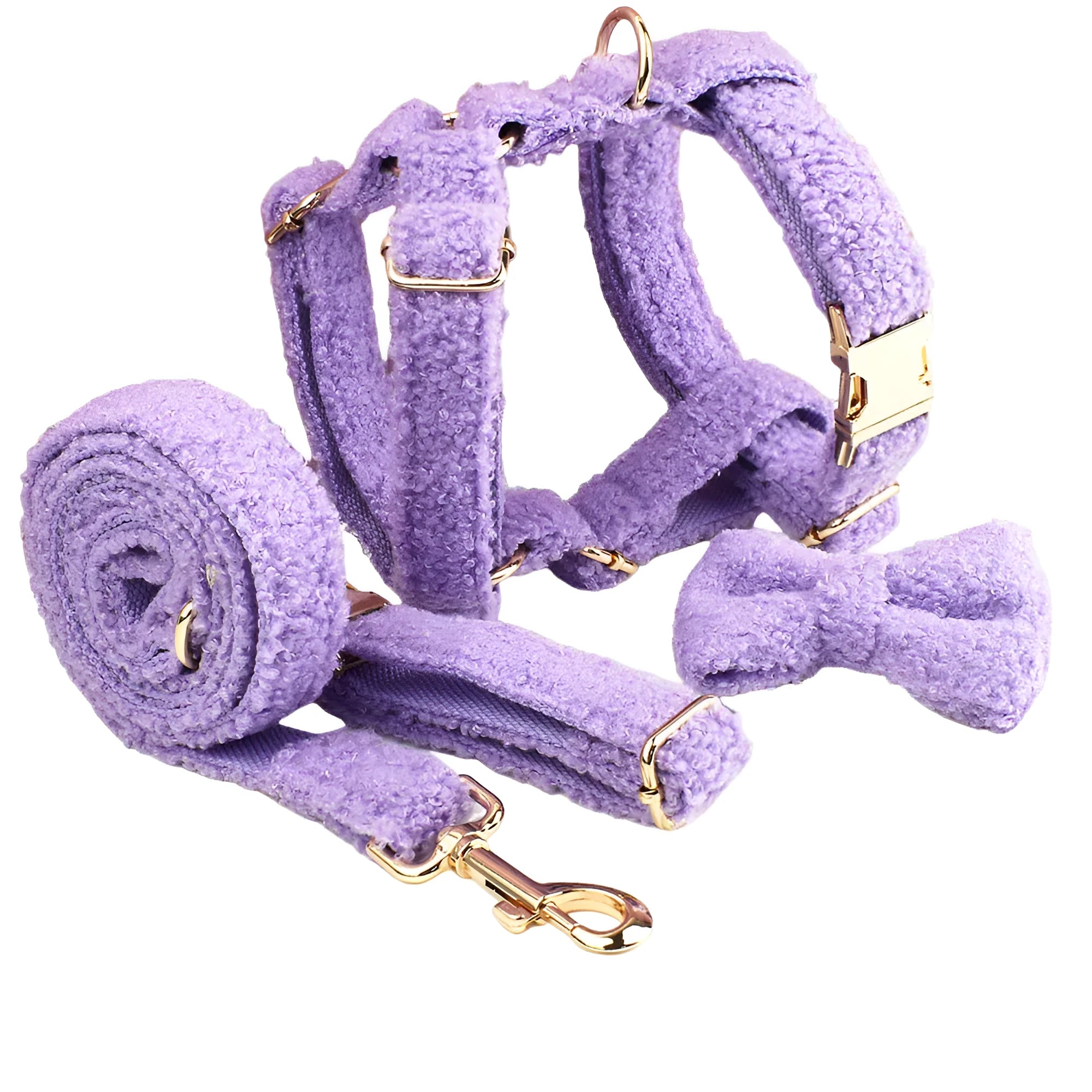 Purple cloth dog collar leash bow and vest set for small dogs in multiple sizes
