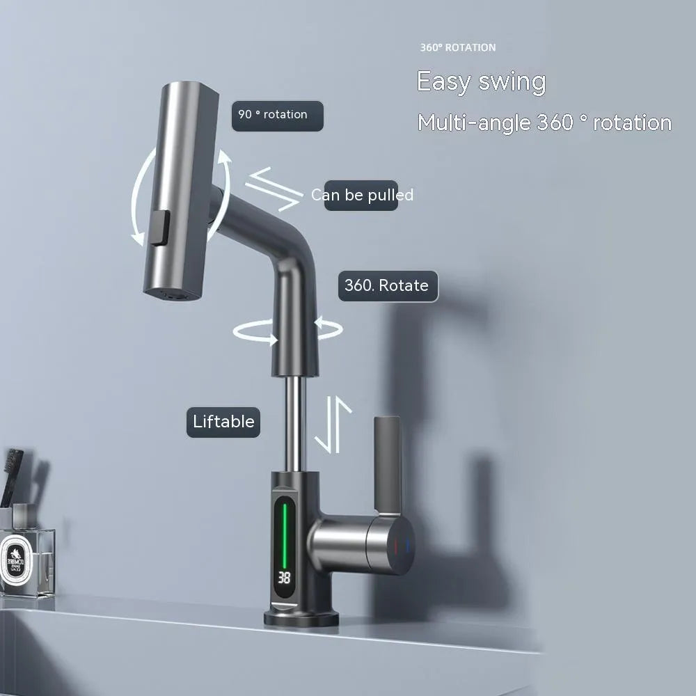 Intelligent digital display pull-out basin faucet with LED temperature screen, copper finish, and 60cm hose