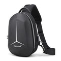Black waterproof Oxford cloth chest bag with dimensions 20cm by 10cm by 30cm worn across the chest.