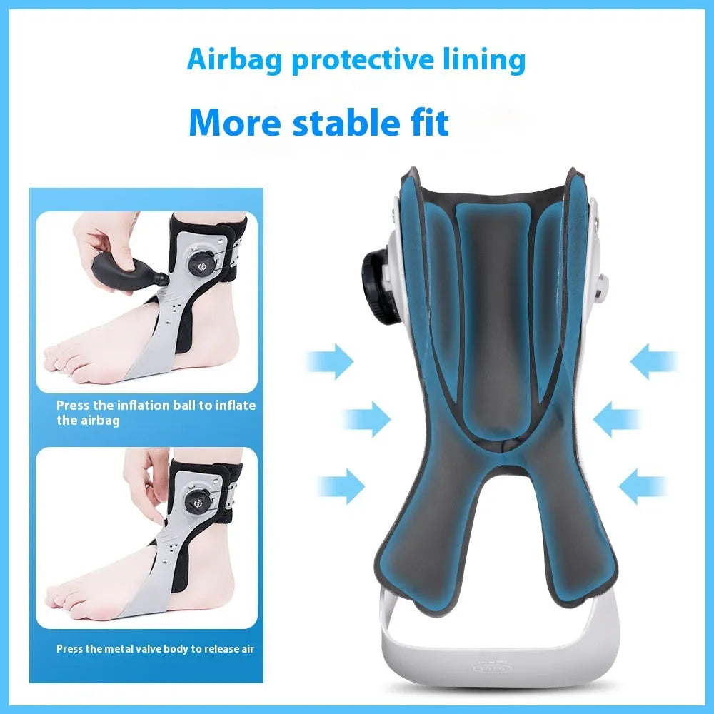 Grey and black ankle fixation brace with airbag button, shown in left and right foot sizes.