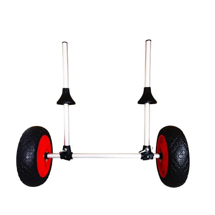 Foldable aluminium kayak beach trailer with upright pole platform on sand
