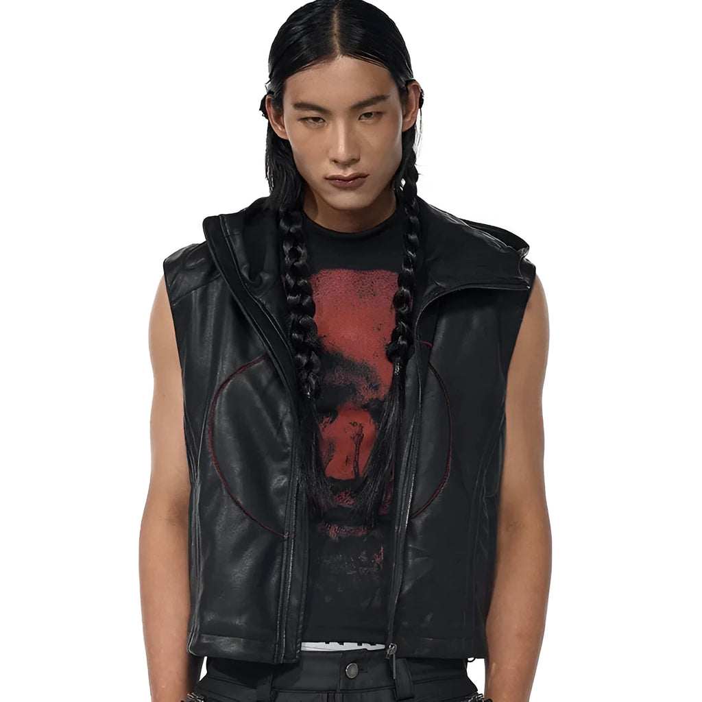 Short hood slim fit men's PU leather waistcoat in black with five-pointed star detail