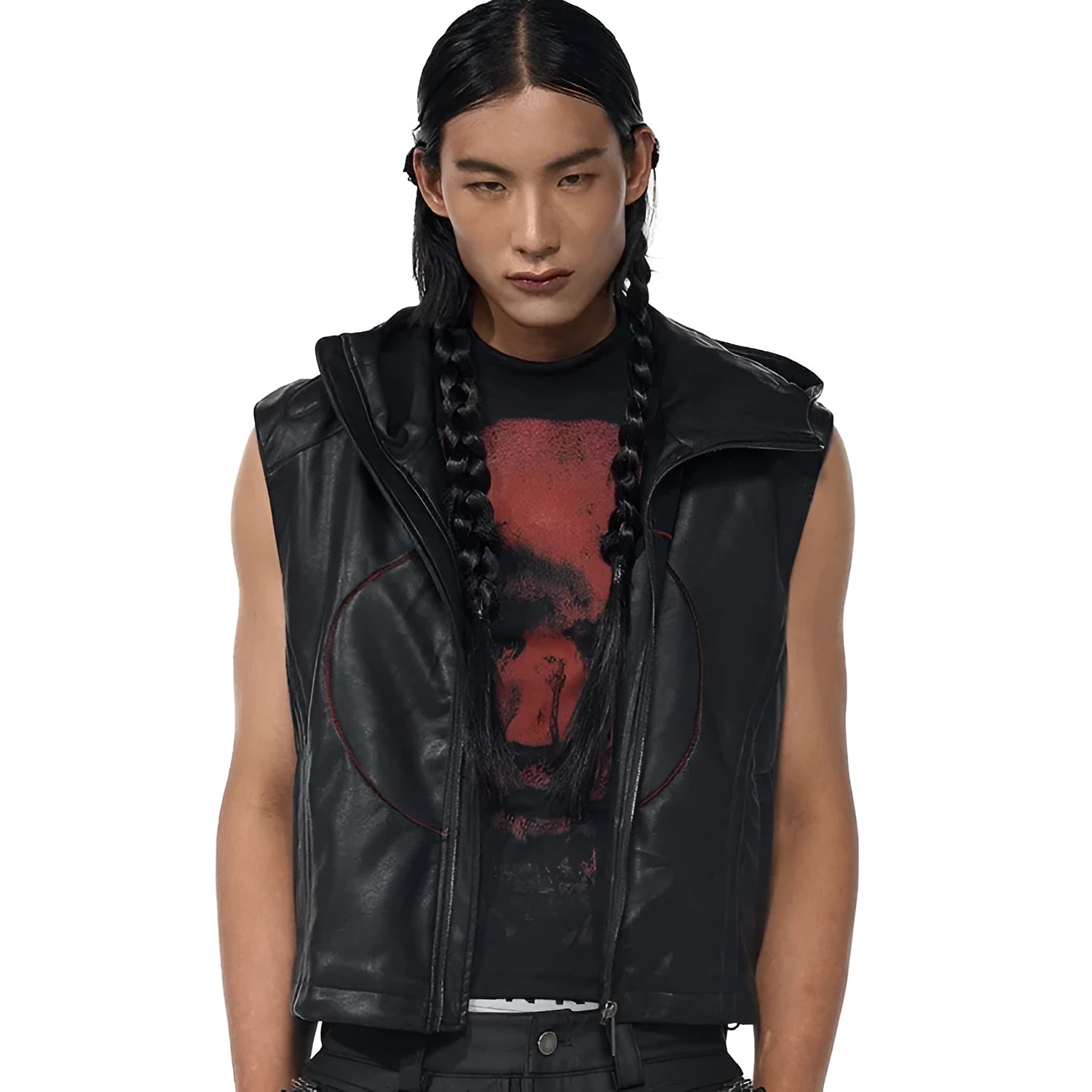 Short hood slim fit men's PU leather waistcoat in black with five-pointed star detail