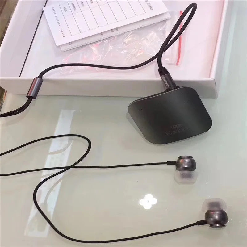 Black Bluetooth lavalier headphones with neckband design and earpieces
