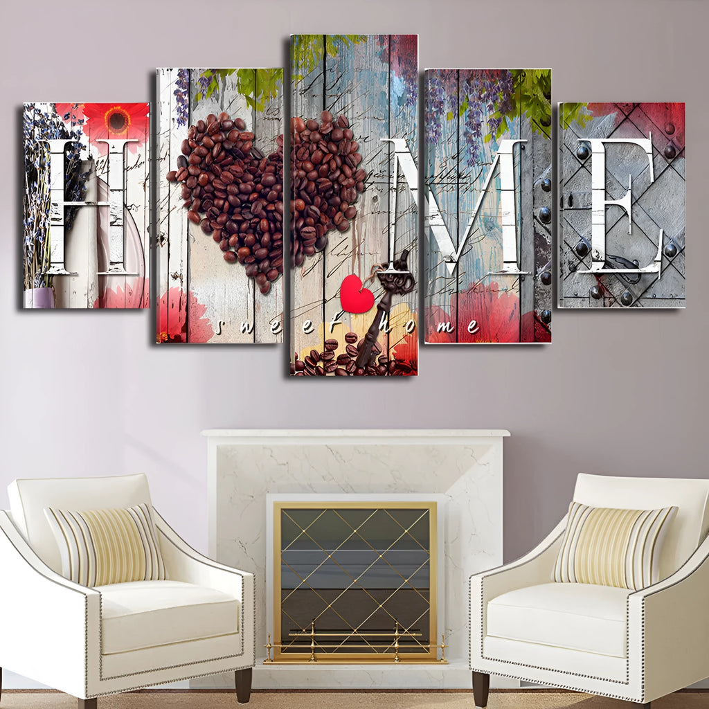 Frameless Home Sweet Home decoration board set in red on oil painting material, five panels arranged on a wall