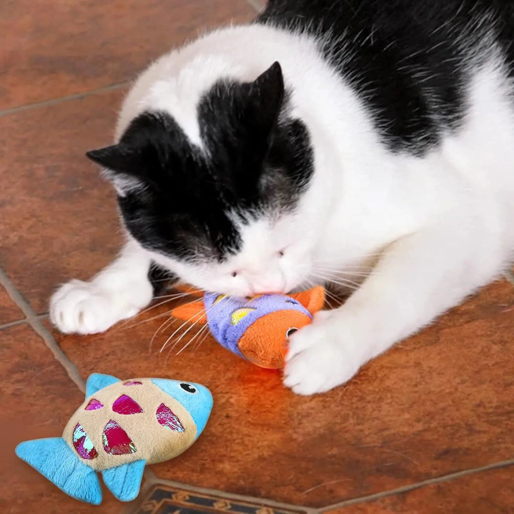 Two soft plush catnip fish toys for cats with crinkle sound, available in blue, orange, and pink.