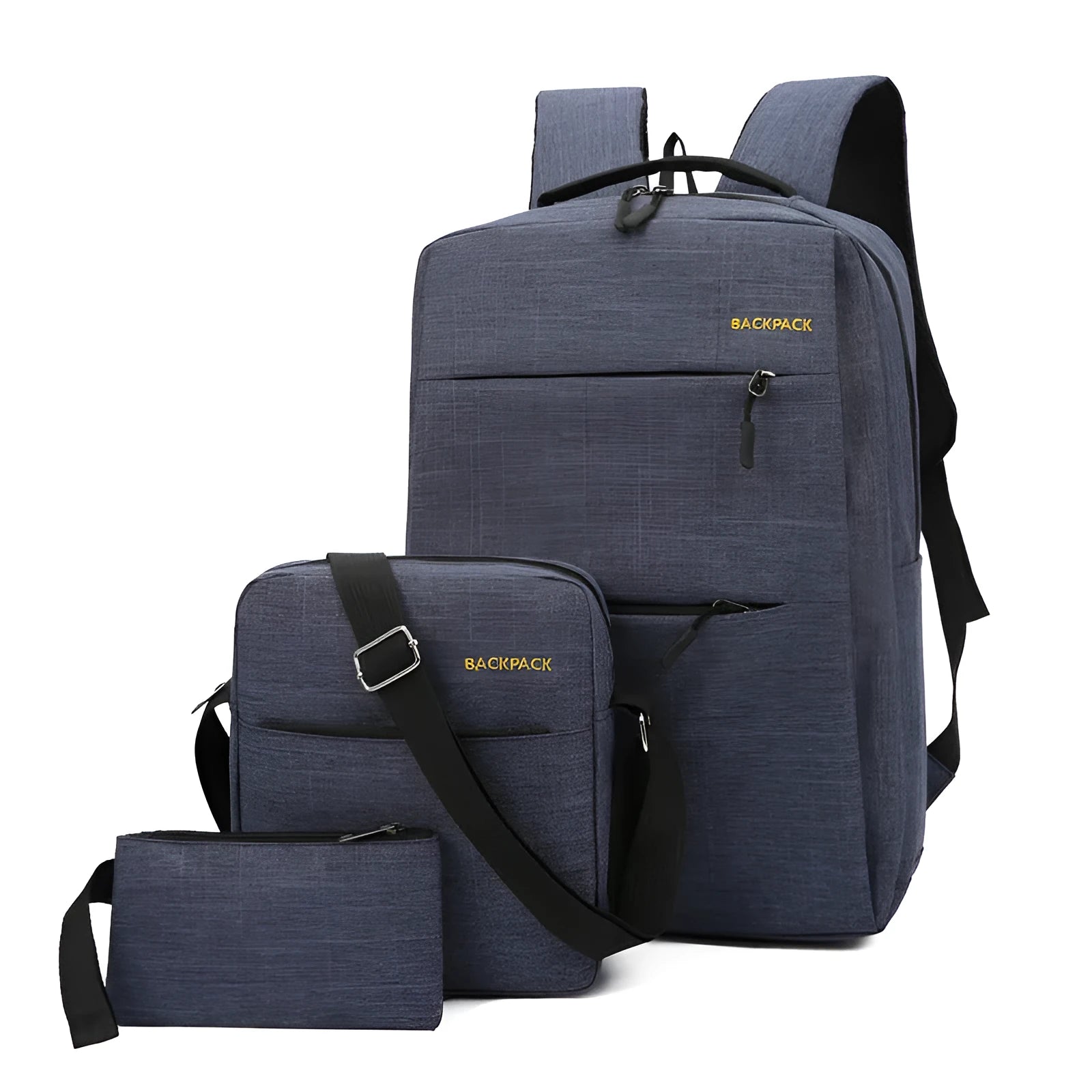 Men's USB charging computer bag three-piece set in navy blue with internal compartments visible
