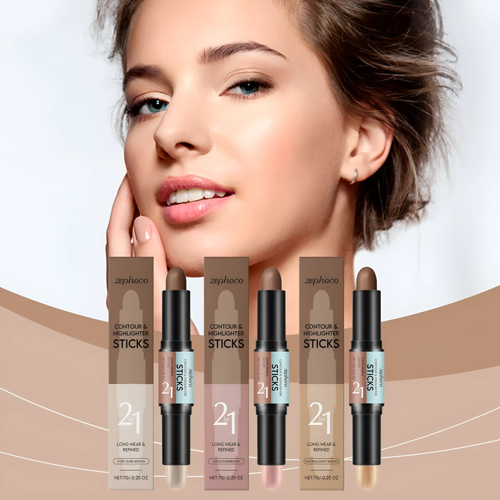 2-in-1 outline highlighter dual-ended contour stick 7g in four colour shades on white background