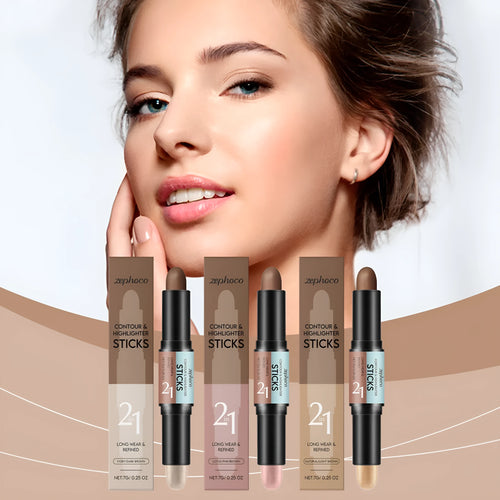 2-in-1 outline highlighter dual-ended contour stick 7g in four colour shades on white background