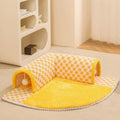 XL 80cm plush dog cat bed with tunnel and fan-shaped sleeping area in coffee plaid
