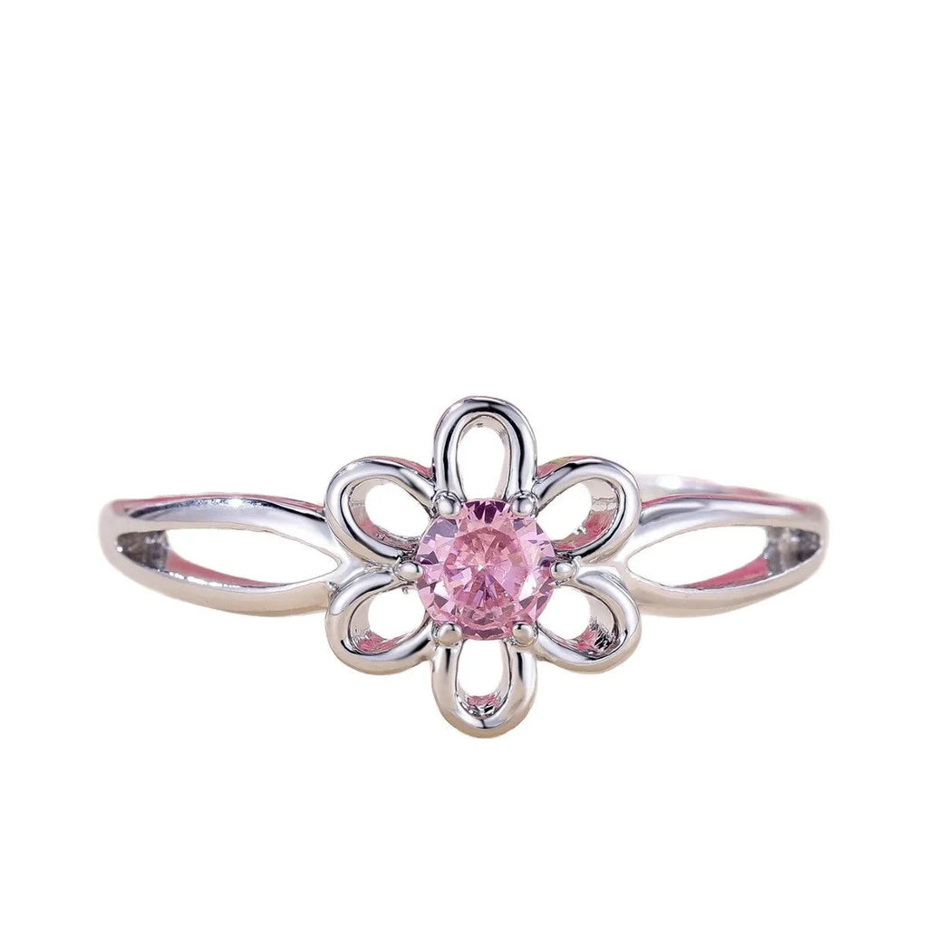 Lady's flower hollowed fashion simple copper ring with electroplating finish in platinum pink diamond colour