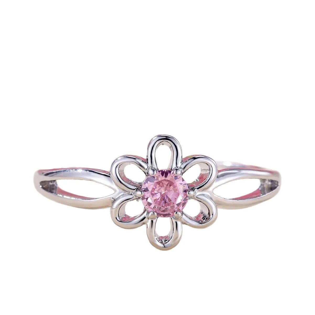 Lady's flower hollowed fashion simple copper ring with electroplating finish in platinum pink diamond colour