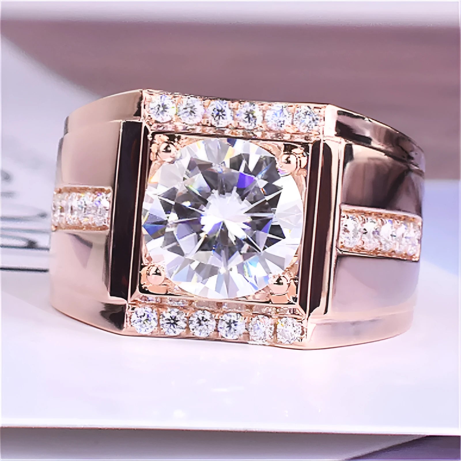 Men's geometric diamond zircon ring with adjustable open mouth design in rose gold colour.