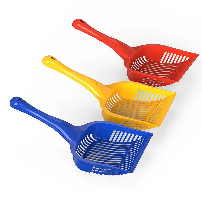 PP plastic cat litter scoop in red, yellow or blue colour options showing small and medium size specifications