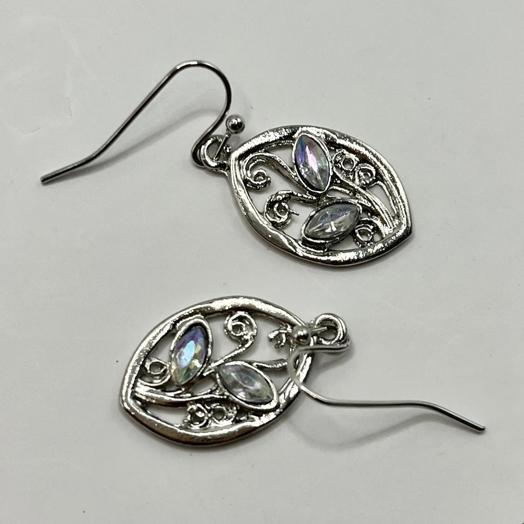 Silver alloy leaf-shaped earrings with embedded colourful moonstone gemstones and diamond-cut treatment